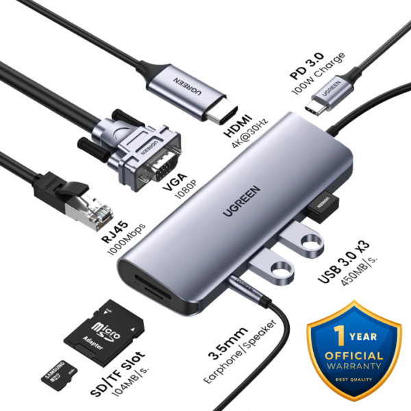 Ugreen USB Type-C Hub 10 in 1 to HDMI VGA Ethernet PD 3.0 USB 3.0x3 Ports (CM179 / UG-80133)